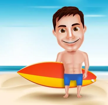 Smiling Handsome Surfer Man Vector Character Holding Surfboard Stock Illustration