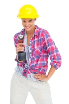 Smiling handy woman with a power drill Stock Photos