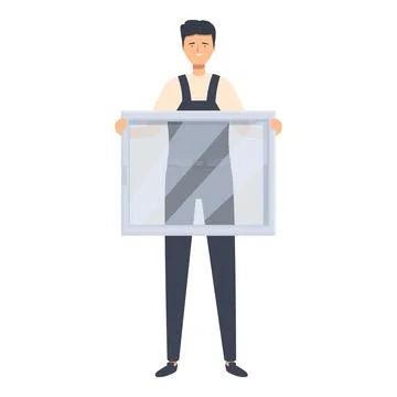 Smiling handyman holding a window pane, installation and repair services concept Stock Illustration