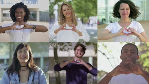Smiling happy people looking at camera and gesturing Stock Footage 114569023