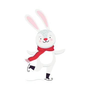 Smiling Hare as New Year Character with Long Ears in Warm Scarf Ice Skating Stock Illustration