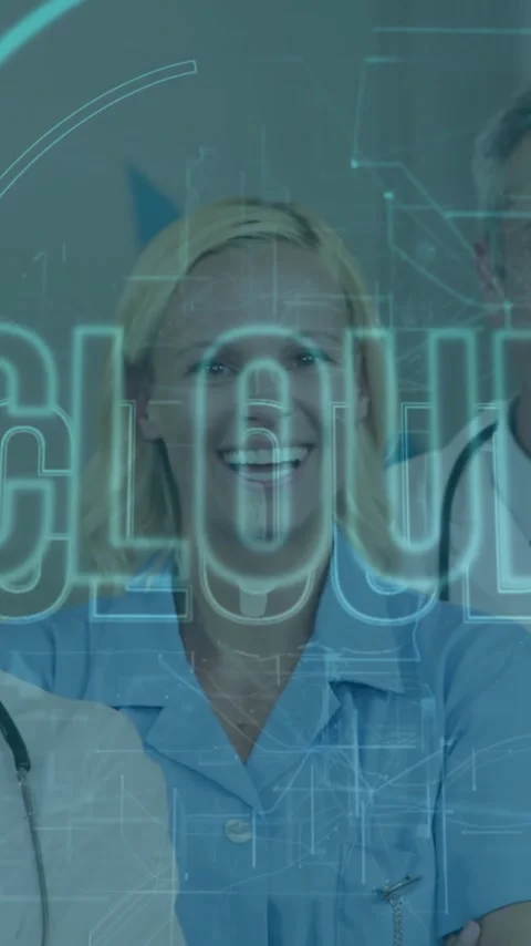 Smiling healthcare professionals with cloud computing animation in hospital Stock Footage 319728269