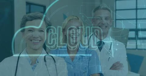 Smiling healthcare professionals with cloud computing image in hospital setting Stock Photos