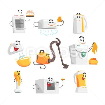 Smiling household appliances set for label design. Colorful detailed vector Stock Illustration