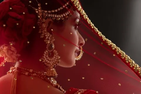 Smiling Indian Bride looking at the camera with a smile	 Stock Photos