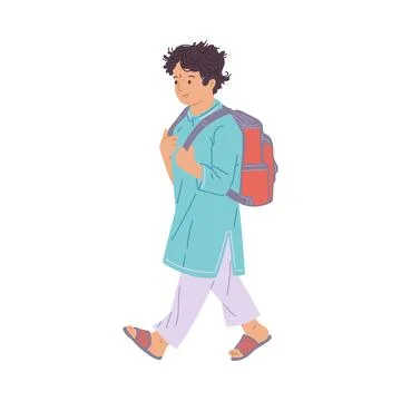 Smiling Indian kid boy going with backpack flat style, vector illustration イラスト素材