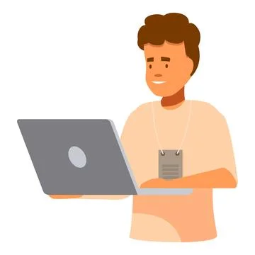 Smiling intern working on laptop, efficient and enthusiastic newcomer contrib Stock Illustration