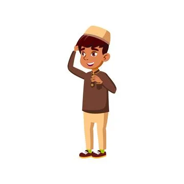 Smiling islamic boy thinking how to solve funny exercise at school cartoon ve 스톡 일러스트