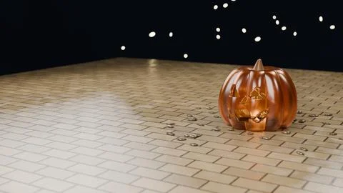 Smiling jack-o'-lantern face approached amid floating spirit orbs Stock Illustration