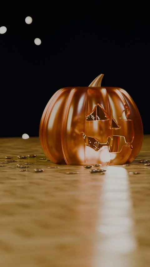 Smiling jack-o'-lantern on shiny golden pavement in autumn, Vertical 9:16 4K Stock Footage 346120442