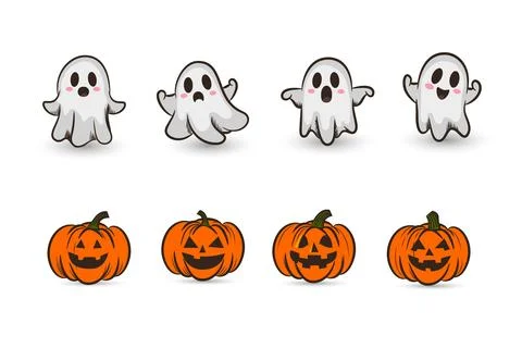 Smiling jack-o-lanterns and ghosts set Stock Illustration