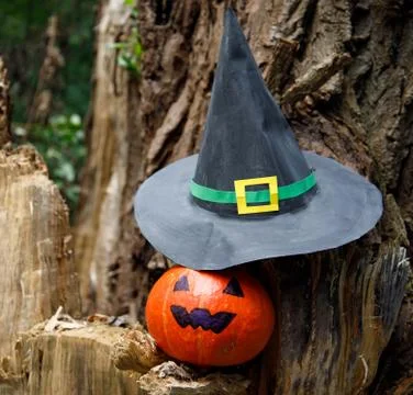 Smiling Jack pumpkin face with black witch hat on the tree Foto stock