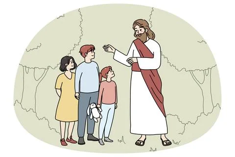 Smiling Jesus Christ talking with small children in garden. Caring Messiah speak Illustrazione stock