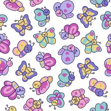 Smiling kawaii butterfly. Seamless pattern. Illustrazione stock