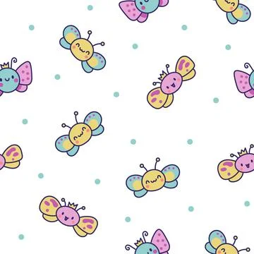Smiling kawaii butterfly. Seamless pattern. Illustrazione stock