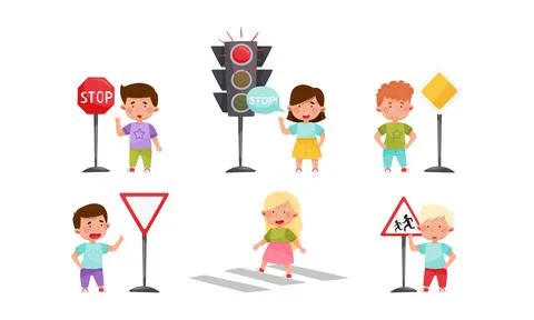 Smiling Kid Characters Learning Road Signs and Traffic Rules Vector Illustration Stock Illustration