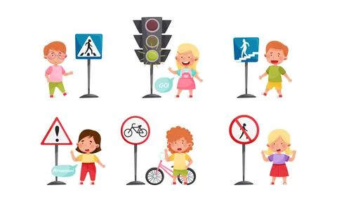 Smiling Kid Characters Learning Road Signs and Traffic Rules Vector Illustration Illustrazione stock