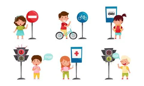 Smiling Kid Characters Learning Road Signs and Traffic Rules Vector Illustration Illustrazione stock