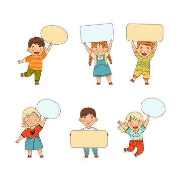Smiling Kids Holding Empty Oval and Rectangular Plaque Vector Set Stock Illustration