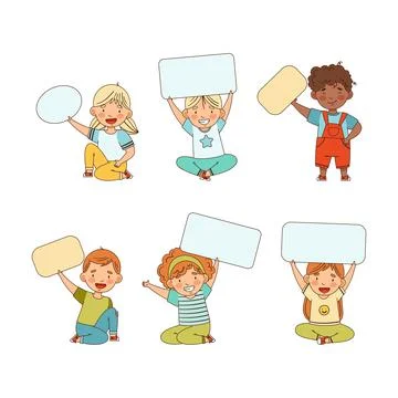 Smiling Kids Holding Empty Oval and Rectangular Plaque Vector Set Stock Illustration