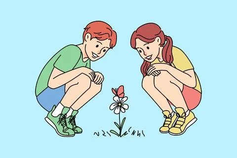 Smiling kids looking at flowers Stock Illustration
