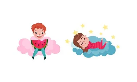 Smiling Kids Sitting on Soft Cloud and Doing Different Things Vector 库存插图