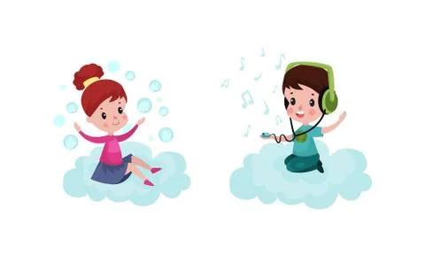 Smiling Kids Sitting on Soft Cloud and Doing Different Things Vector Stock Illustration