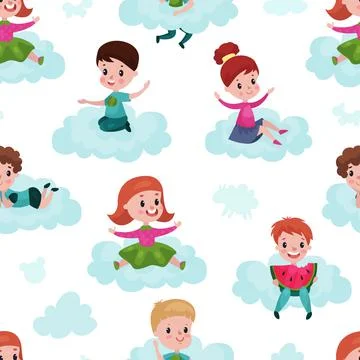Smiling Kids Sitting on Soft Cloud and Doing Different Things Vector Seamless Stock Illustration