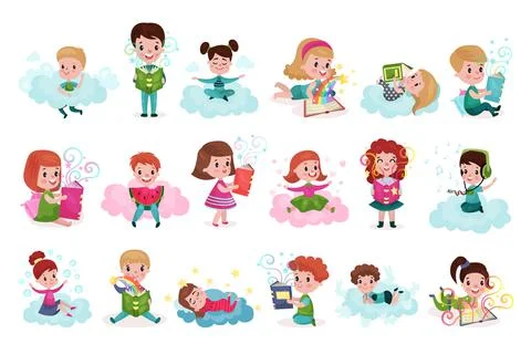 Smiling Kids Sitting on Soft Cloud and Doing Different Things Vector Stockillustratie