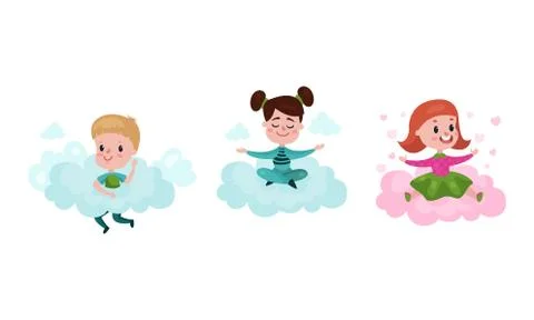 Smiling Kids Sitting on Soft Clouds and Doing Different Things Vector Stock Illustration