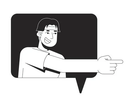 Smiling korean man pointing right in speech bubble 2D line character Stock Illustration