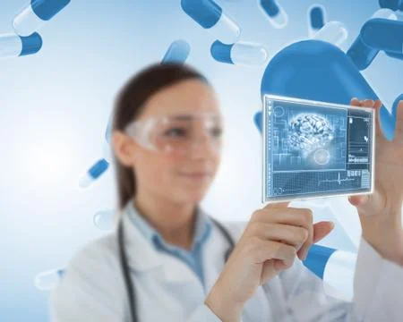 Smiling laboratory worker using virtual screen Stock Photos