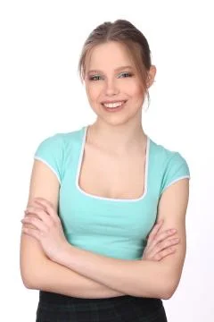 Smiling lady with makeup posing. Close up. White background Stock Photos