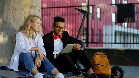 Smiling large beautiful couple multi ethnic they spending time at nature beside Stock Footage 146972960