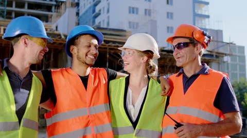 Smiling large multiethnic happy team of construction specialists they looking Stock Footage 144290495
