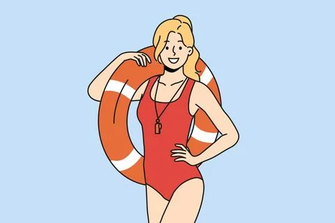 Smiling lifeguard with inflatable ring in hands Stock Illustration