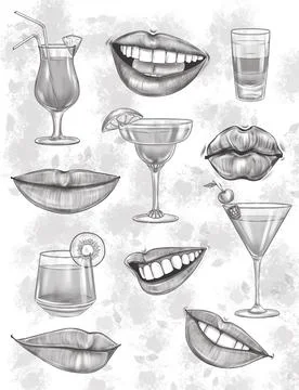 Smiling Lips Expressions With Multiple Drinking Glass Colorless Line Drawing Illustrazione stock