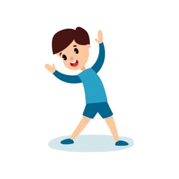Smiling little boy character doing sport exercise, kids physical activity 스톡 일러스트