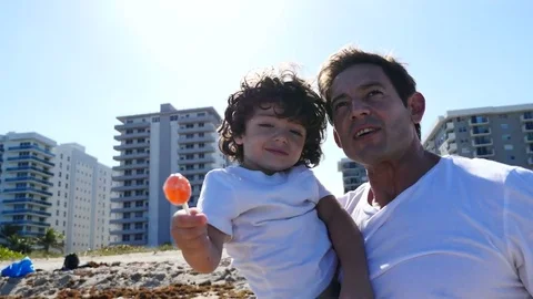 Smiling little boy playing with dad at the beach Stock Footage 79227822