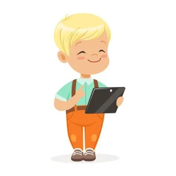Smiling little boy using digital tablet for playing. Child and modern technology Stock Illustration