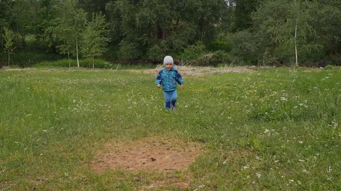 Smiling little boy walking on the grass to the camera and singing a song Stock-Footage 79541698