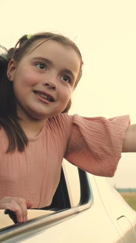 Smiling little girl pulls hand out of car window travelling across farmland Stock Footage 270799013