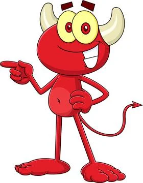 Smiling Little Red Devil Cartoon Character Pointing Illustrazione stock
