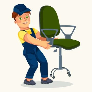 Smiling loader man holding office armchair poster Stock Illustration