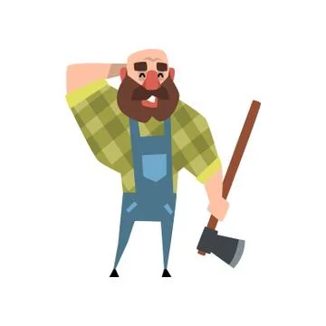 Smiling lumberjack holding axe, other hand at back of his bald head. Cartoon Stock Illustration