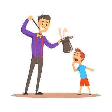 Smiling magician pulling out a rabbit from his top hat before happy boy, circus Stock Illustration