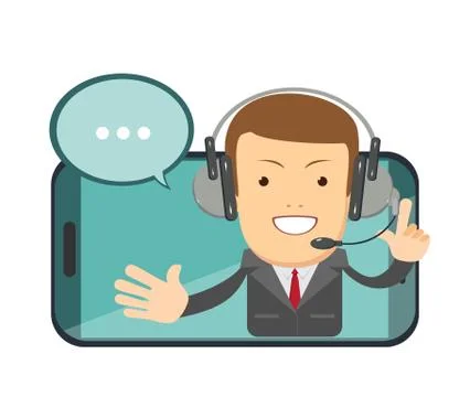 Smiling male operator with headset speaking from screen of a smart phone Stock Illustration