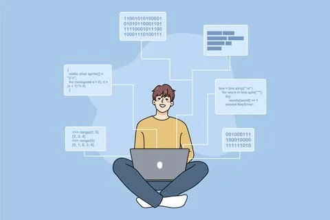 Smiling male software engineer working on computer writing codes and programs. Stock Illustration