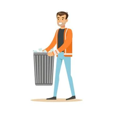 Smiling man arrying garbage bin, waste recycling and utilization concept vector Illustrazione stock