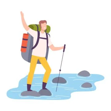 Smiling Man with Backpack and Trekking Pole Walking Vector Illustration Stock Illustration